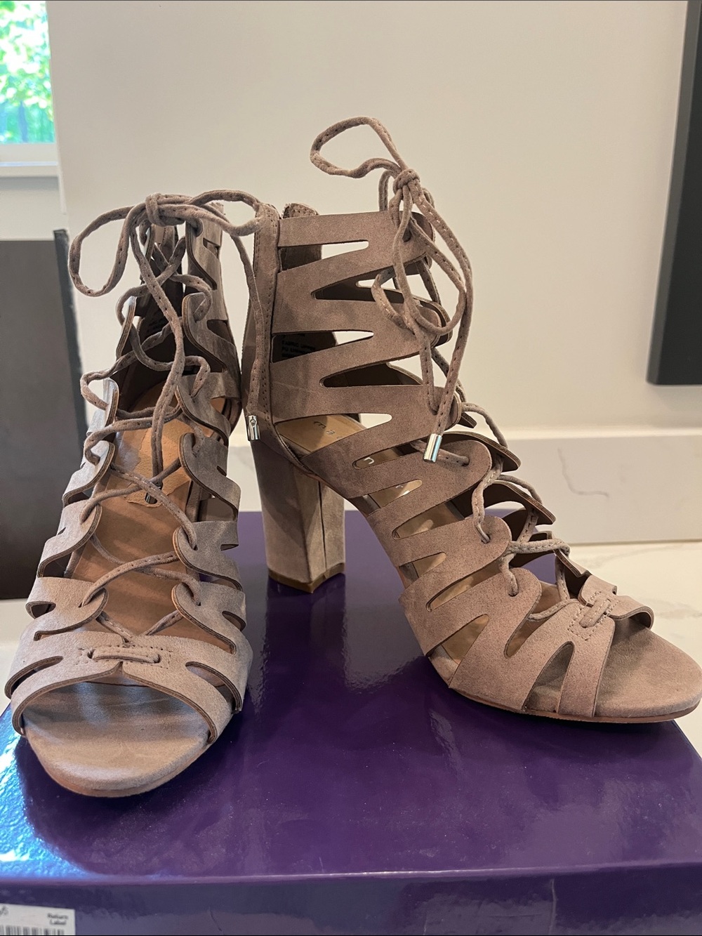 Madden Girl Lace-Up Cutout Block Heel Sandals - Taupe